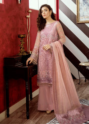 Beautiful thread embroidered chiffon outfit in carnation pink color