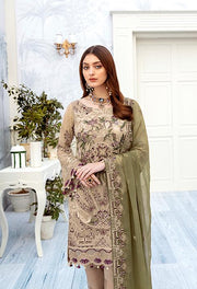 Latest embroidered chiffon outfit 2020 in skin and green color # P2515