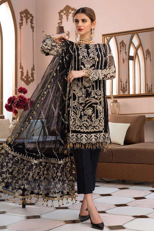 Embroidered chiffon outfit with threads in black color – Nameera by Farooq