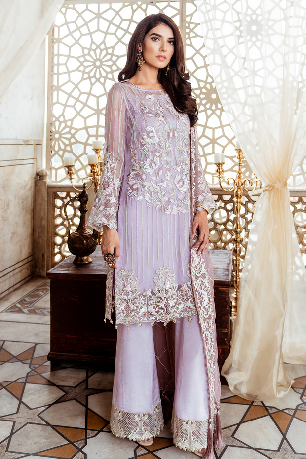 Pakistani embroidered chiffon party dress in ruffled lavender color # P2443
