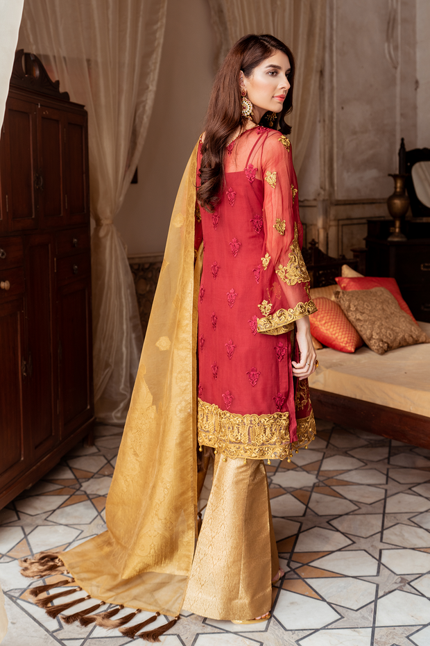 Pakistani embroidered chiffon party outfit in red and copper color # P2445