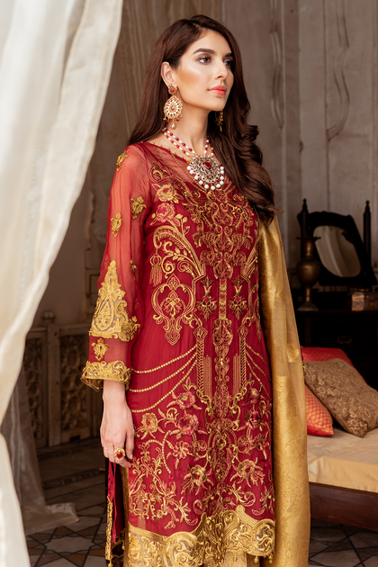 Embroidered chiffon party outfit in red and copper color – Nameera by ...