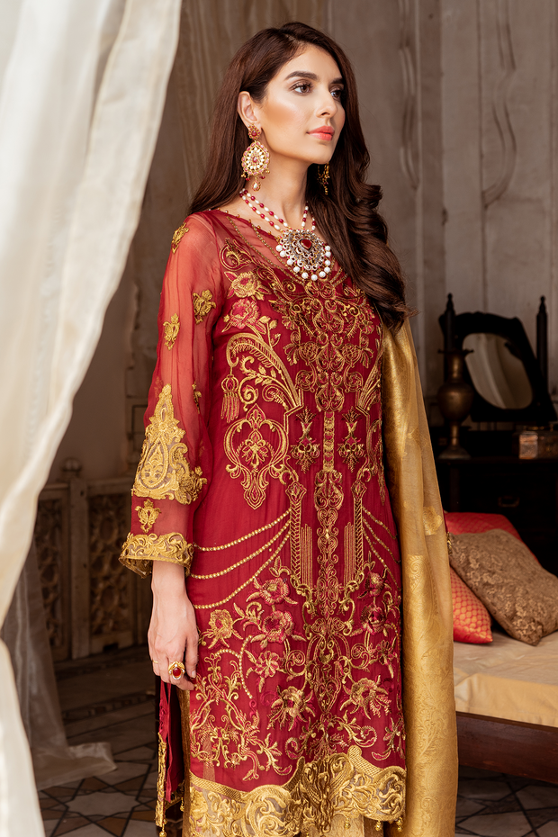 Pakistani embroidered chiffon party outfit in red and copper color # P2445