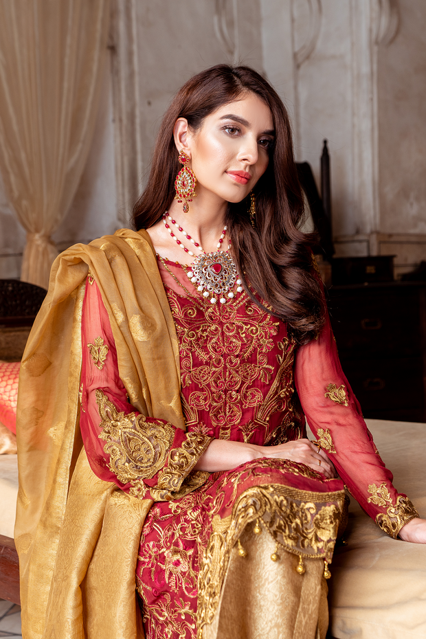 Pakistani embroidered chiffon party outfit in red and copper color # P2445