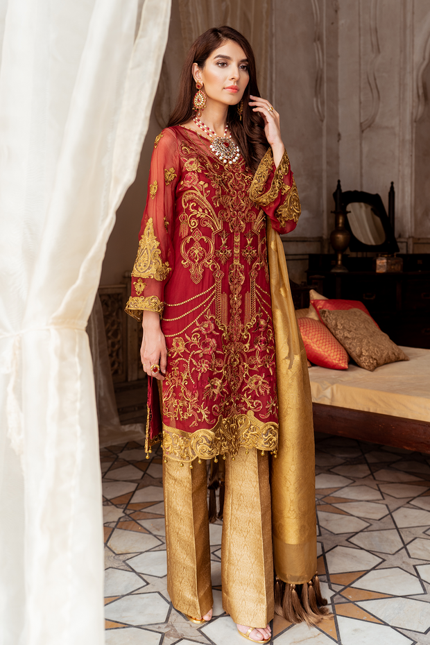 Pakistani embroidered chiffon party outfit in red and copper color # P2445