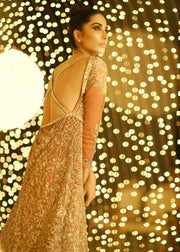 Embroidered gown in peach color with golden embroidered work # B3373