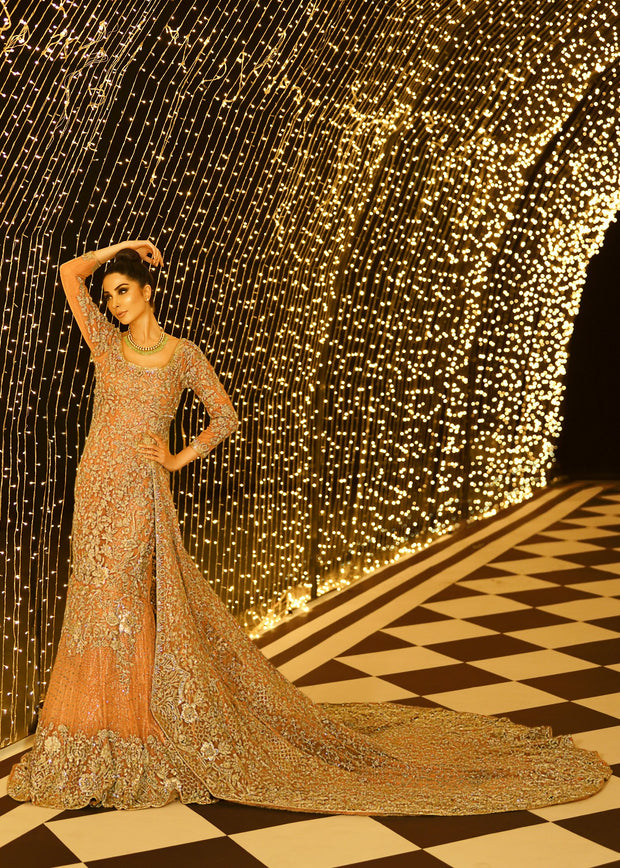 Embroidered gown in peach color with golden embroidered work