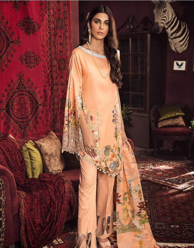 Beautiful Pakistani embroidered linen dress in peach color 