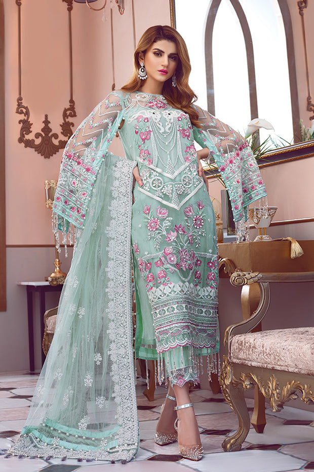 Pakistani designer embroidered net outfit in green color # P2338