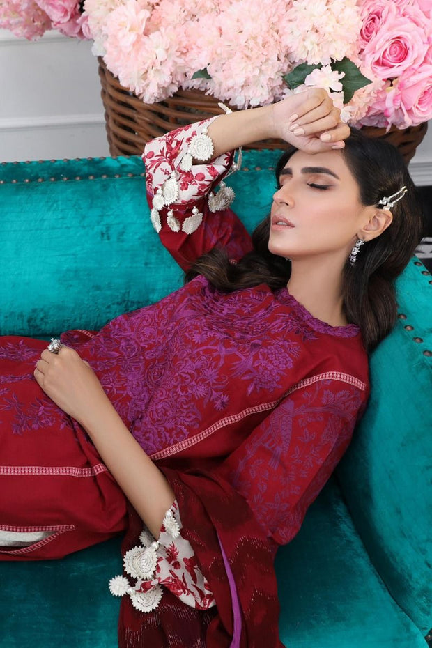 Pakistani embroidered slub dress for casual wear in red color # P2393