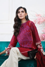Pakistani embroidered slub dress for casual wear in red color # P2393