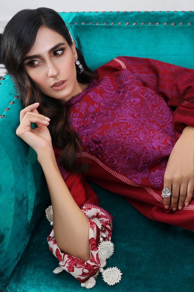 Pakistani embroidered slub dress for casual wear in red color # P2393