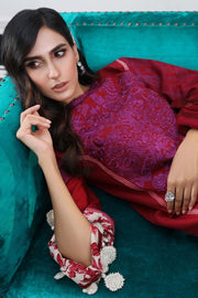 Pakistani embroidered slub dress for casual wear in red color # P2393