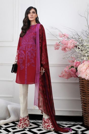 Pakistani embroidered slub dress for casual wear in red color