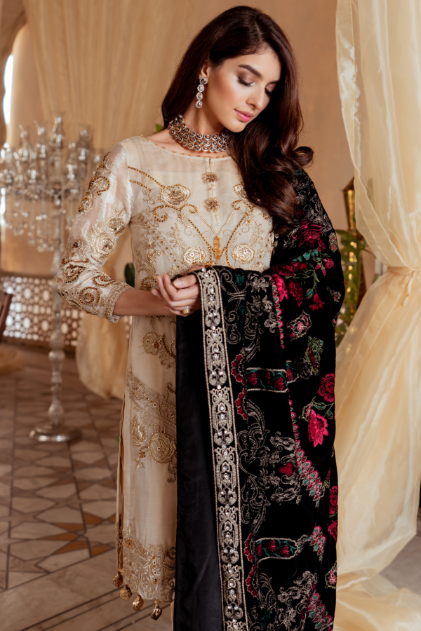 Pakistani embroidered zari party dress in dew mulberry color # P2444