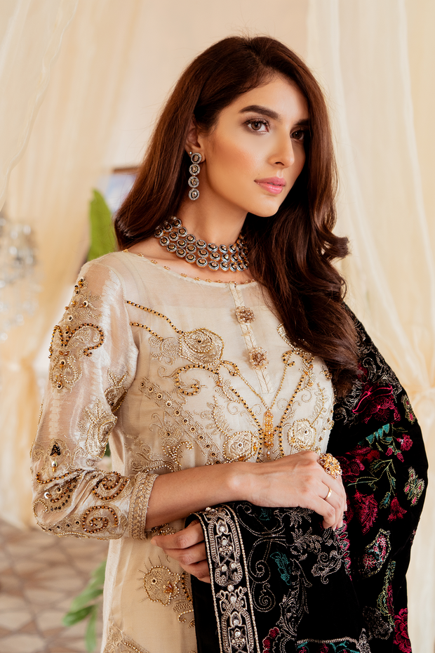 Pakistani embroidered zari party dress in dew mulberry color # P2444