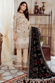 Pakistani embroidered zari party dress in dew mulberry color
