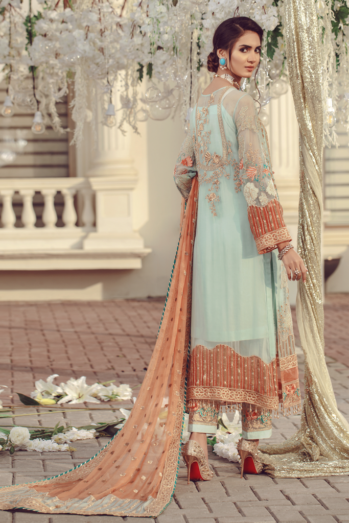 Pakistani embroidered formal eid outfit in green and peach color # P2497