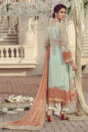 Pakistani embroidered formal eid outfit in green and peach color # P2497
