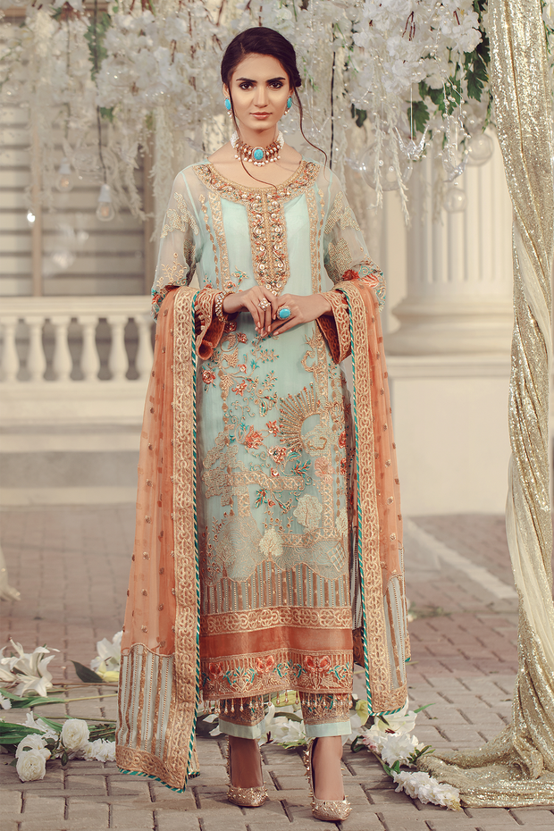 Pakistani embroidered formal eid outfit in green and peach color # P2497