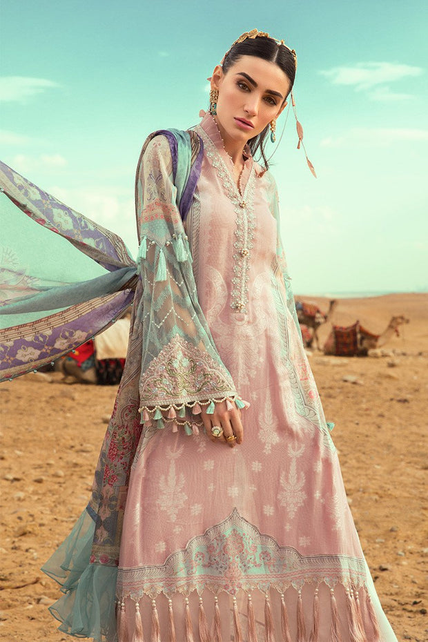 Pakistani embroidered designer eid outfit in pink and blue color