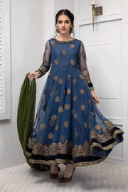 Fancy Pakistani frock style net dress in blue color