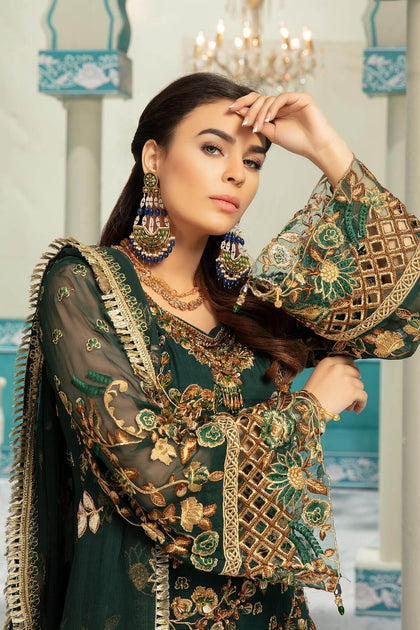 Girls Eid Outfits Chiffon Embroidered in Green Color – Nameera by Farooq