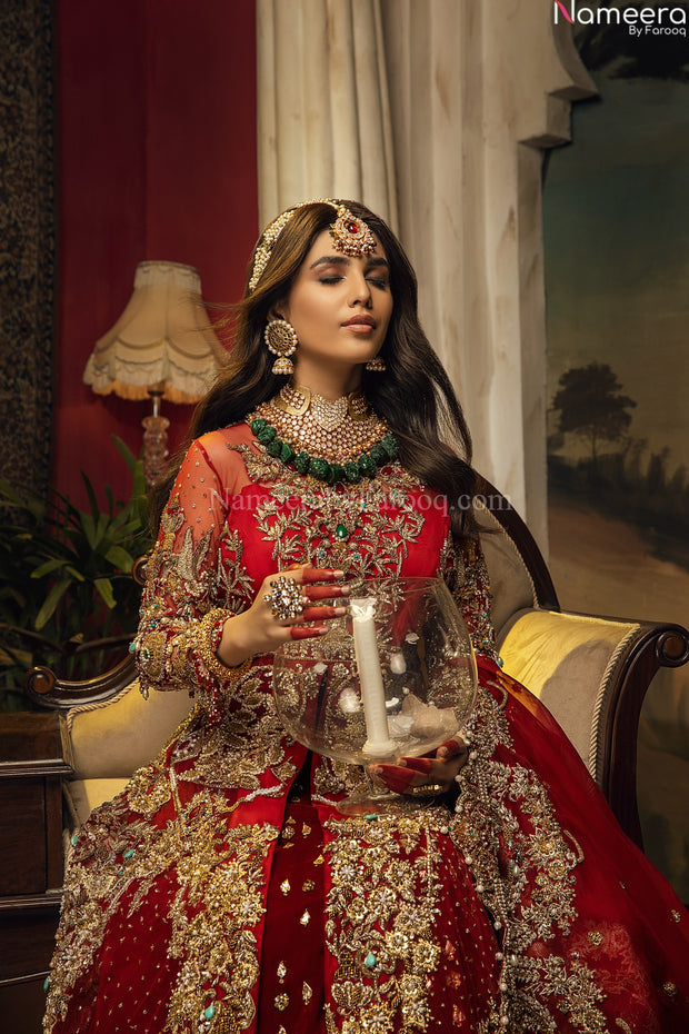 golden and red bridal lehenga 