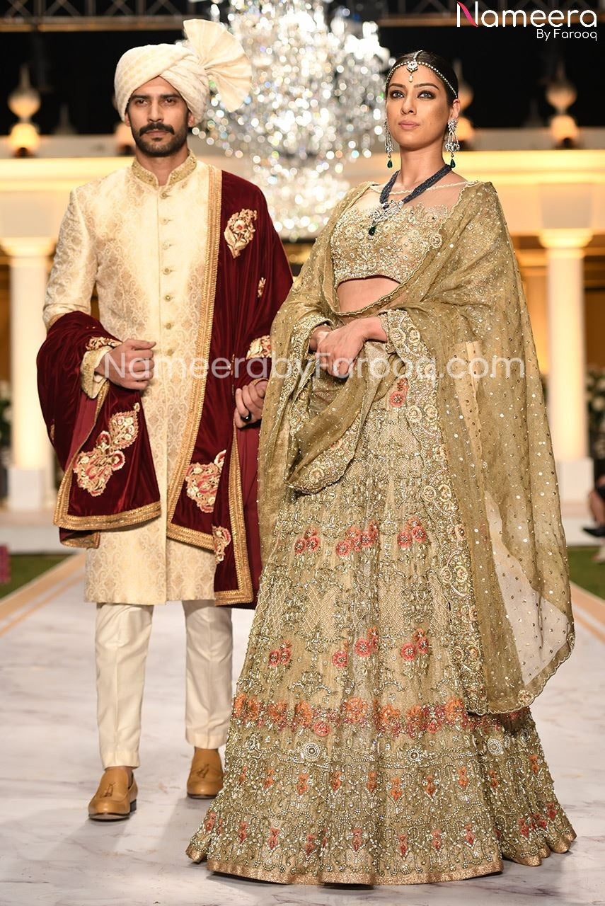 Heavy Embroidered Gold Bridal Lehenga for Barat #BN535