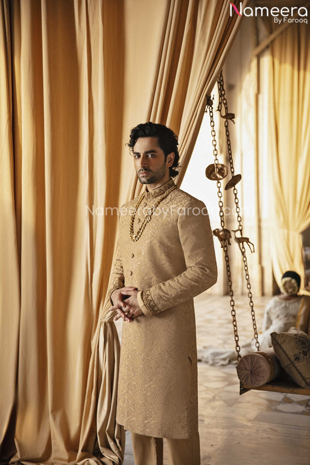 Premium Designer Jamawar Golden Sherwani Attire for Wedding