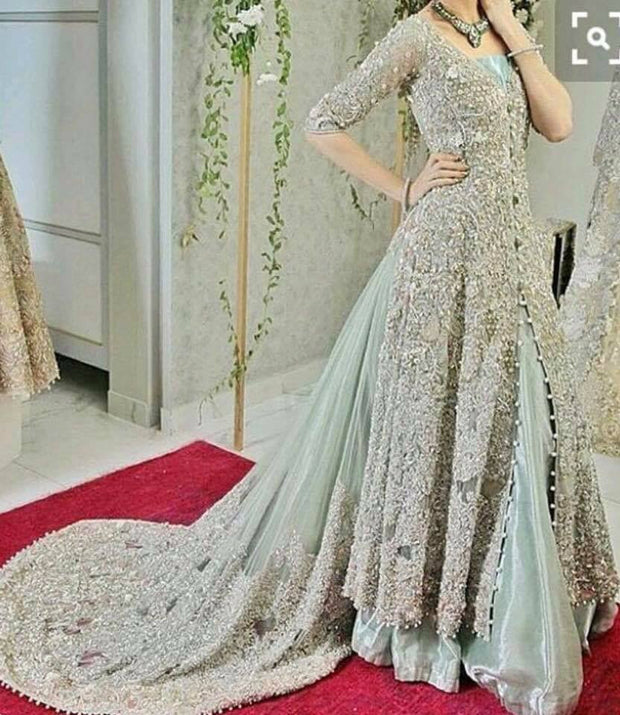 Bridal lahnga set in mint green and silver with dabka nagh zari and cut work color M#B 107