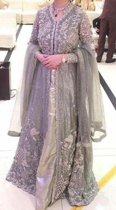 Bridal maxi with dabka zari pearls nagh and cut work color silver and gry  Model # B 195