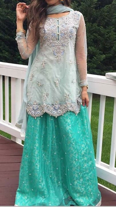 Wedding party gharara with nagh dabka pearls threads and cutwork Model # P 229