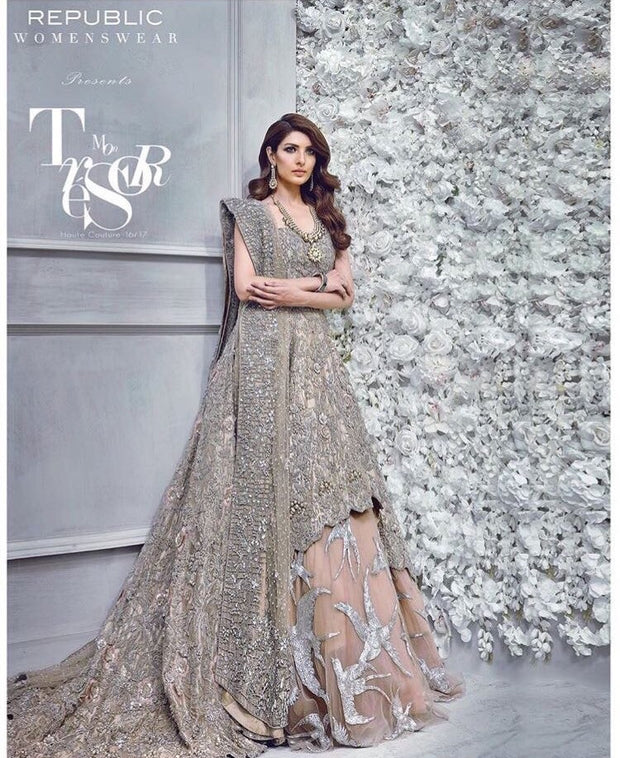 Bridal lahnga brown silver color with dabka nagh threads and zari work  Model # B 197