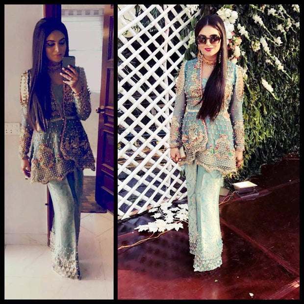 Wedding Party dress in ferozee turquoise color pearls stone threads and dabka work  M#P 102