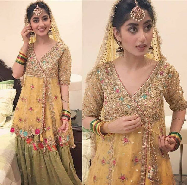 Wedding brida yellow and mehndi green color with gota dabka zari nagh threds work Model#M 108