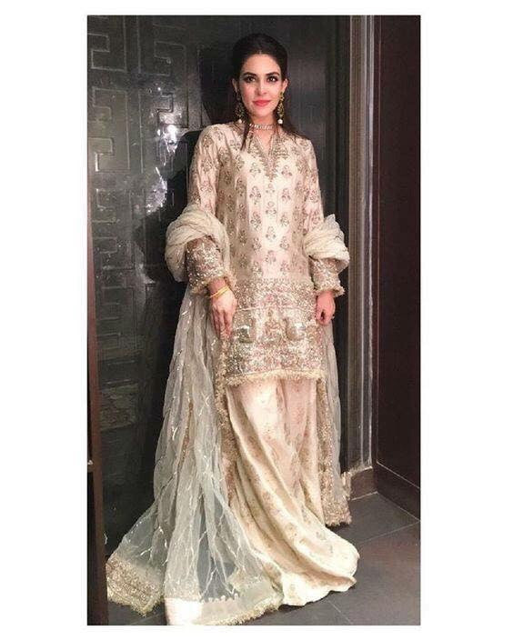 Wedding party dress in golden color with threads dabka and zari work  M#B 87