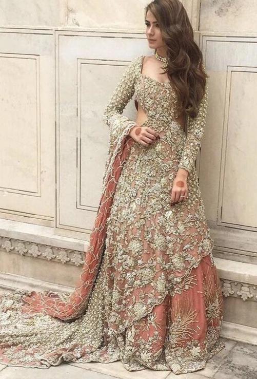 Wedding bridal lahnga with dabkabthreads pearls sequance patch work Model # B 192