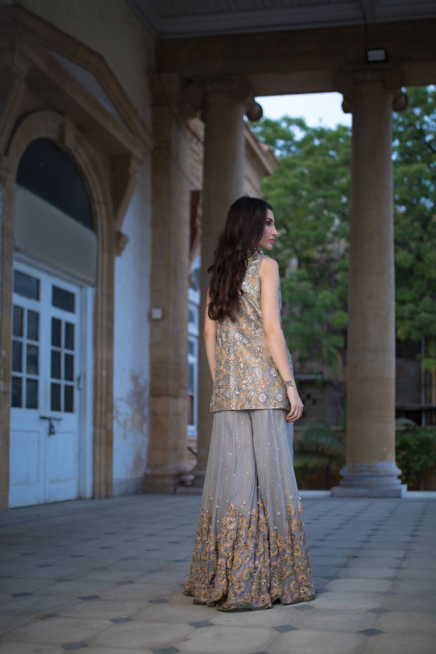 Wedding party dress gray and gold color with dabka threds and