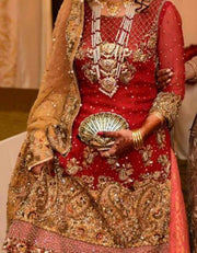 Wedding bridal dress in red and gold colour with dabka zari nugh and kundan work M#B 130