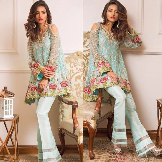 Party dress in turquoise green colour threads savroski and pearl work Model#P 132