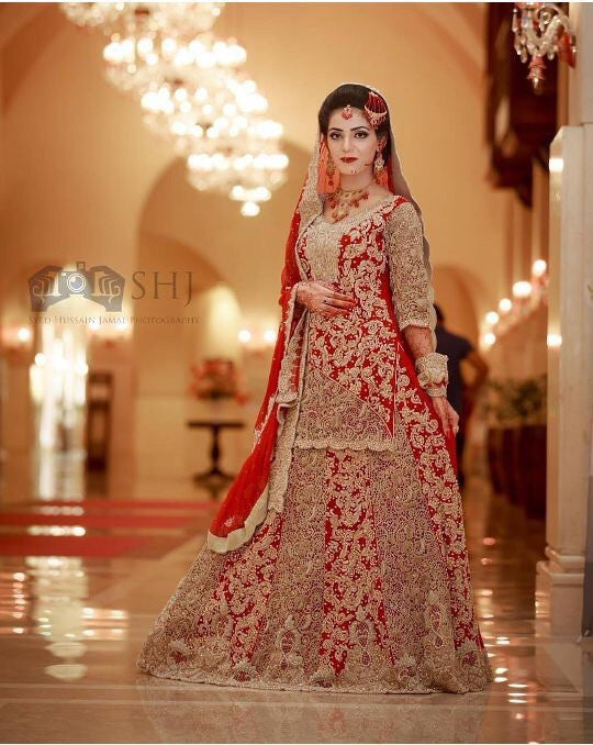 Bridal lahnga hot red color M#B 83 – Nameera by Farooq