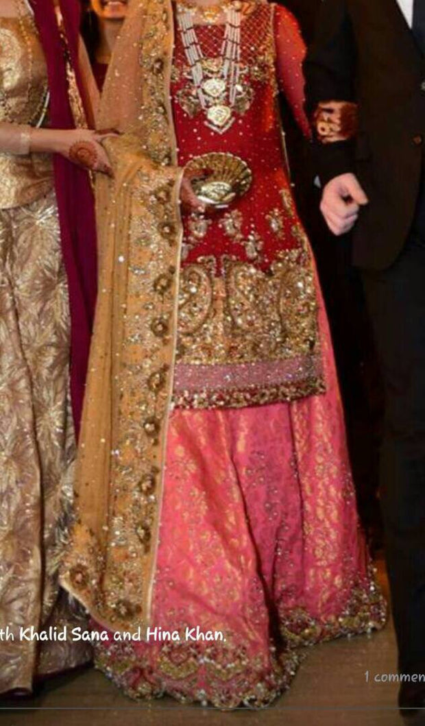 Wedding bridal dress in red and gold colour with dabka zari nugh and kundan work M#B 130