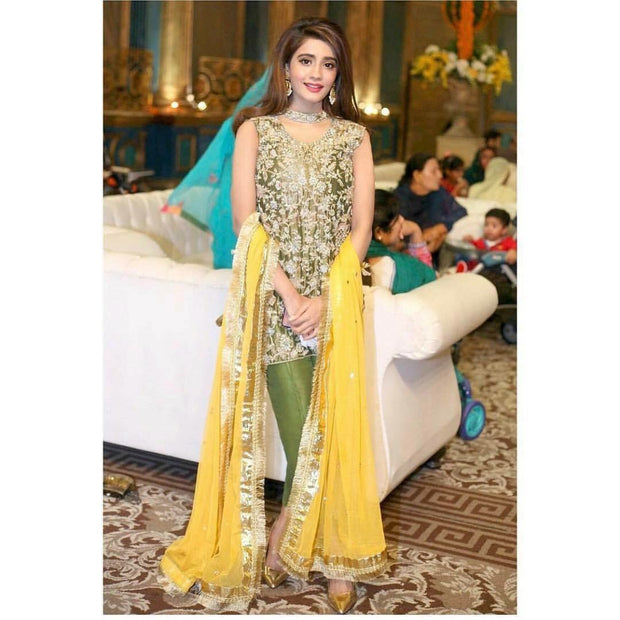 Wedding party dress in mehndi green and yellow with pure dabka and nzgh work Model#P 90