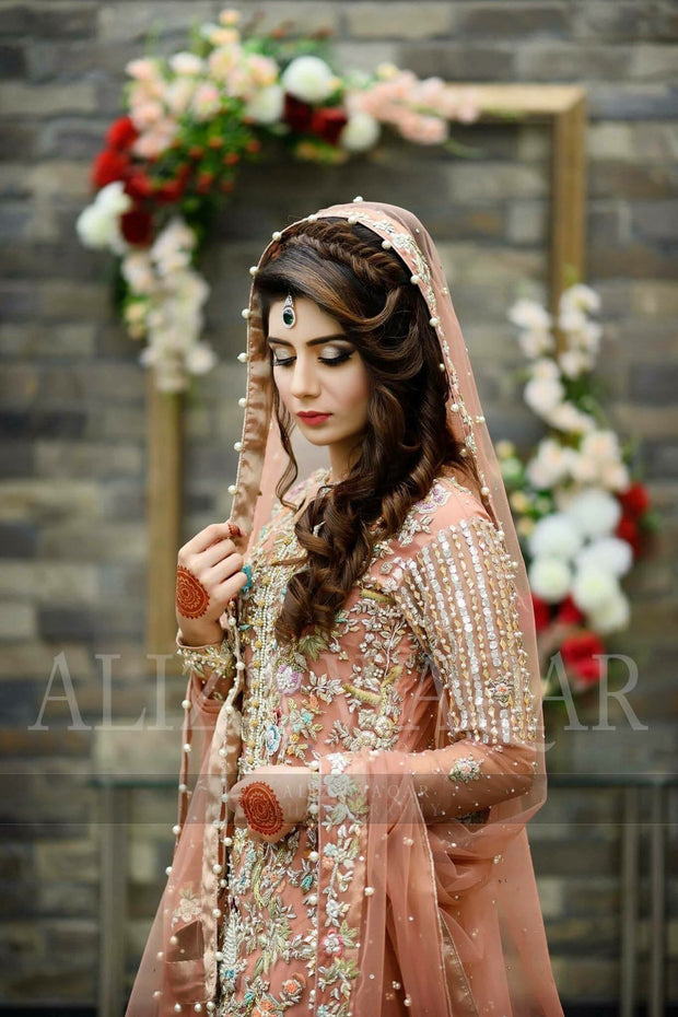 Bridal maxi peach pink with multi threds nagh zari and perl work