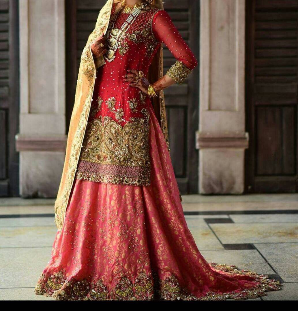 Wedding bridal dress in red and gold colour with dabka zari nugh and kundan work M#B 130