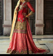 Wedding bridal dress in red and gold colour with dabka zari nugh and kundan work M#B 130