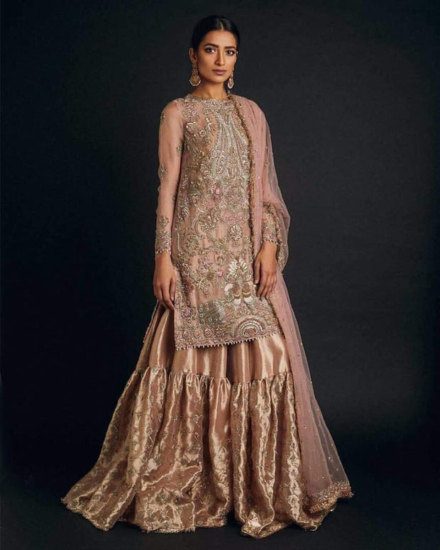 Bridal gharara set in pink golden color M#B 113