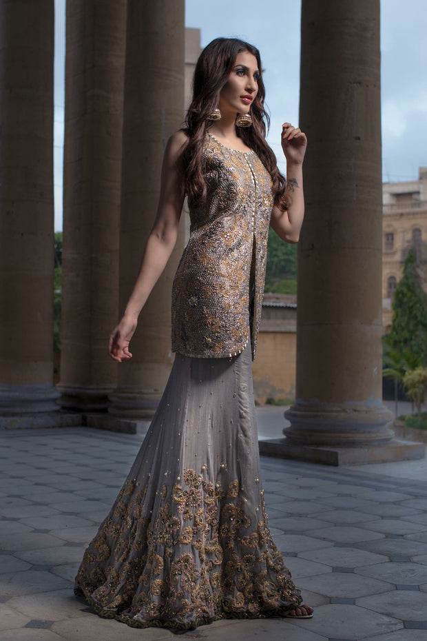 Wedding party dress gray and gold color with dabka threds and multi work Model#P 98 Wedding party dress gray and gold color with dabka threds and multi work Model#P 98