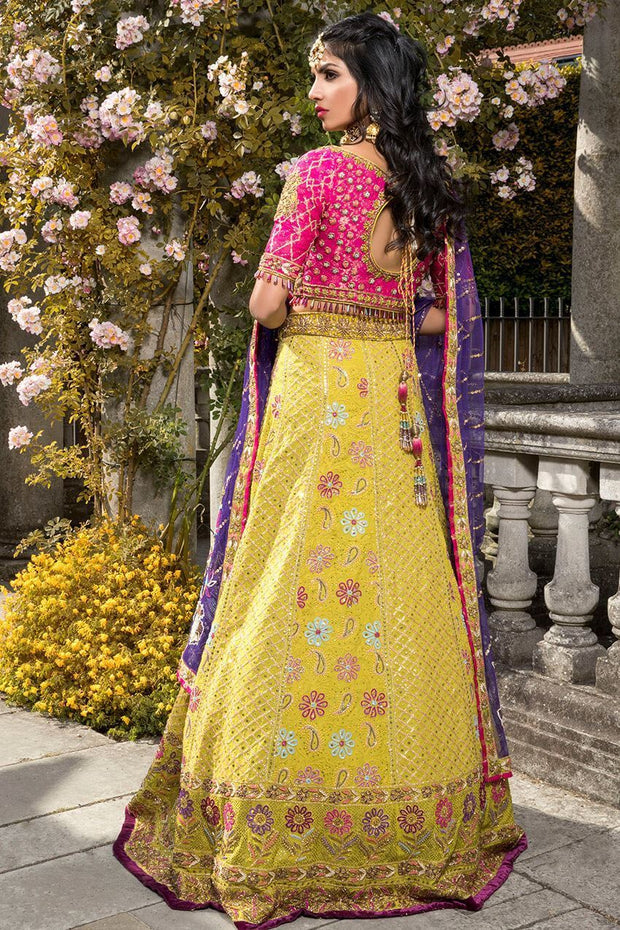 Elegant Indian mehndi dress in yellow and pink color # B3307